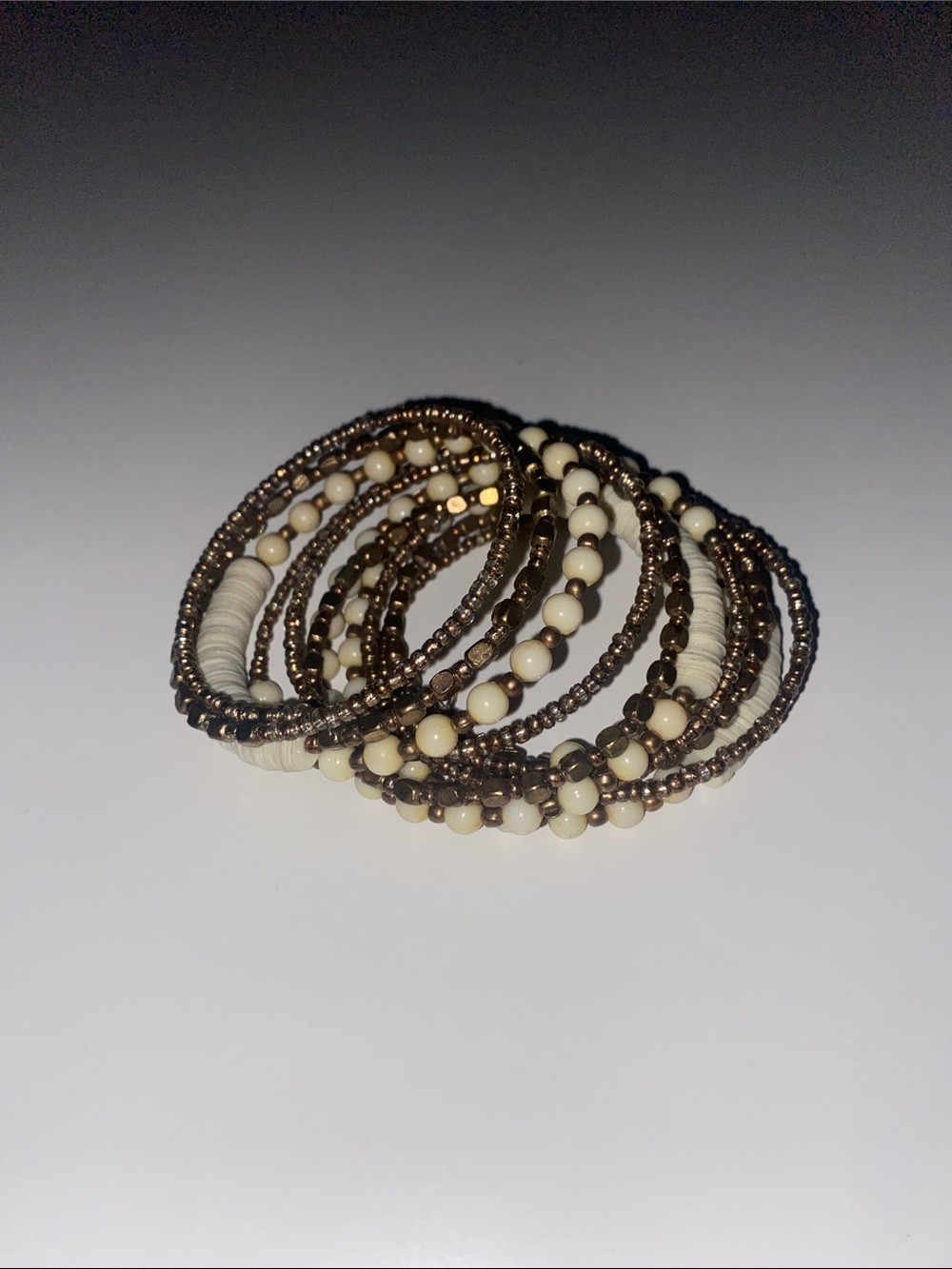 Cream and Bronze Beaded Multi-Row Stretch Bracelet